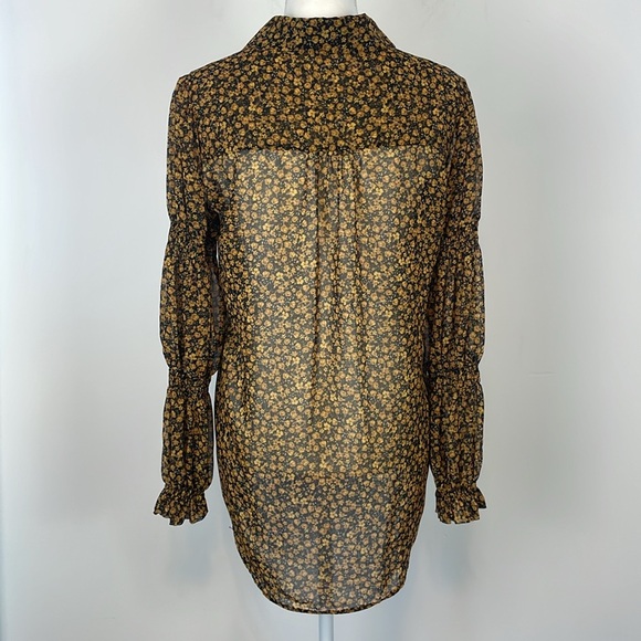 Zara Yellow and Black Ditsy Floral Button Up Ruched Sleeve Blouse. Size Small. - Picture 7 of 11